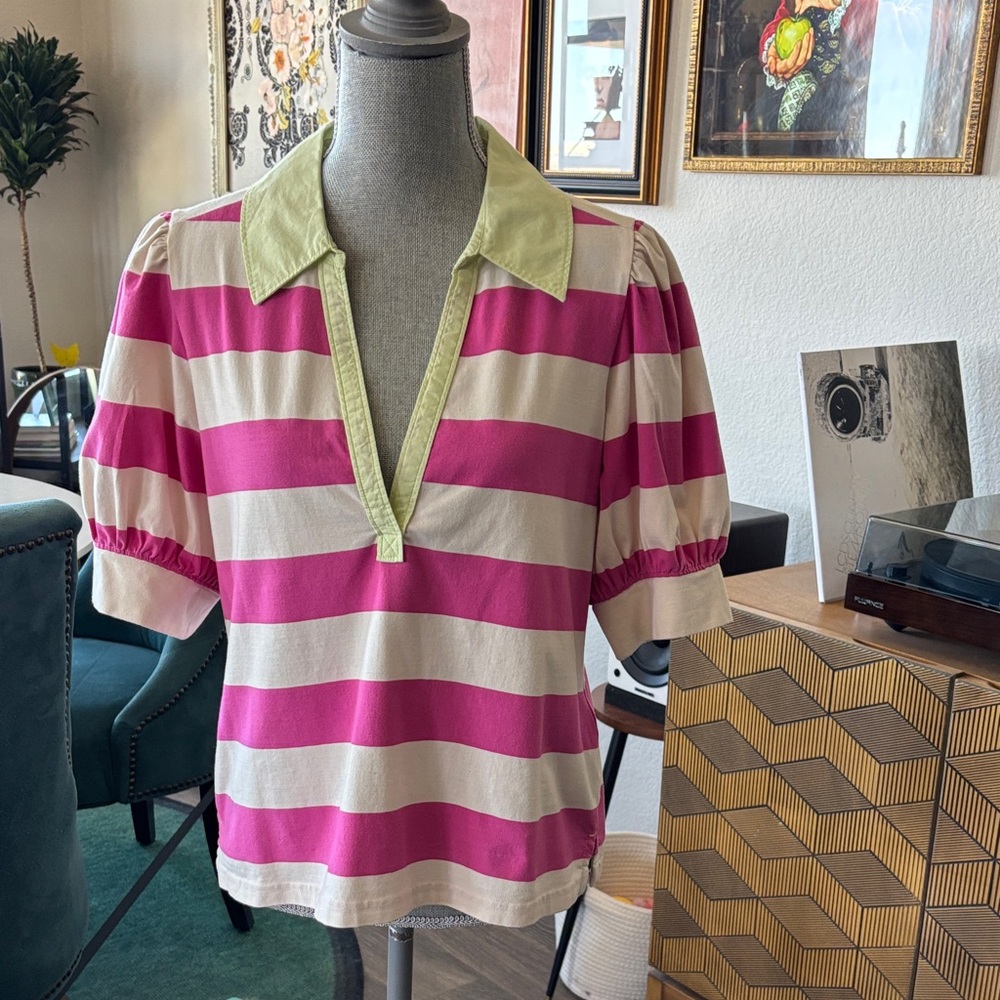 Anthropologie Pink and Cream Striped Blouse with Green Collar
